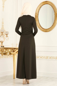 Nayla Collection - İnci Detaylı Haki Tesettür Elbise 76340HK - Thumbnail