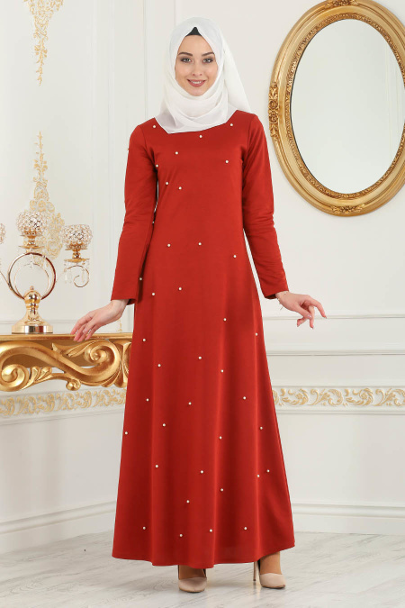 Nayla Collection - İnci Detaylı Kiremit Tesettür Elbise 76340KRMT