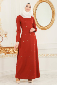 Nayla Collection - İnci Detaylı Kiremit Tesettür Elbise 76340KRMT - Thumbnail