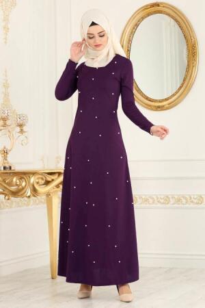Nayla Collection - İnci Detaylı Mor Tesettür Elbise 76340MOR - 1
