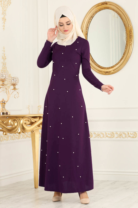 Nayla Collection - İnci Detaylı Mor Tesettür Elbise 76340MOR