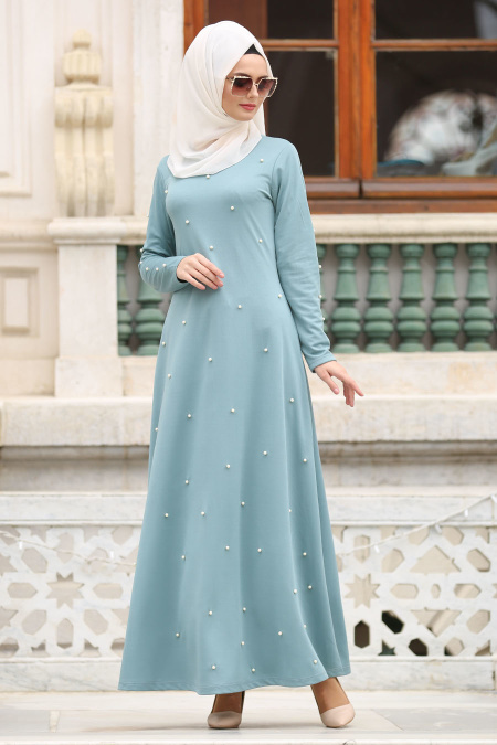Nayla Collection - İnci Detaylı Turkuaz Tesettür Elbise 76340TR