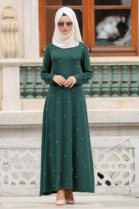 Nayla Collection - İnci Detaylı Yeşil Tesettür Elbise 76340Y