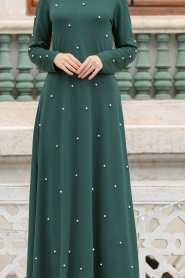 Nayla Collection - İnci Detaylı Yeşil Tesettür Elbise 76340Y - Thumbnail