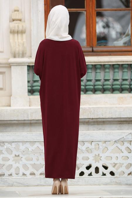 Nayla Collection - İnci Detaylı Fermuarlı Bordo Tesettür Ferace 73080BR - 2