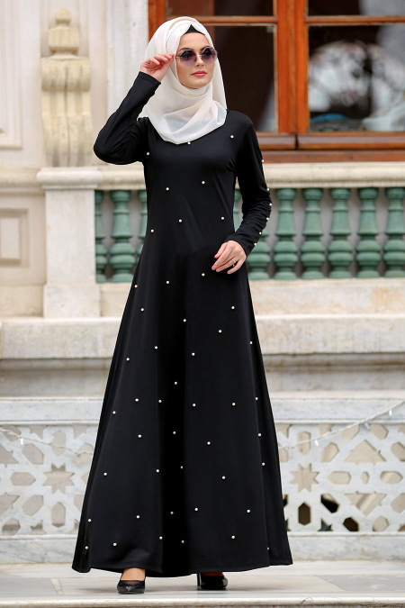 Nayla Collection - İnci Detyaylı Siyah Tesettür Elbise 76340S