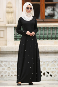 Nayla Collection - İnci Detyaylı Siyah Tesettür Elbise 76340S - Thumbnail