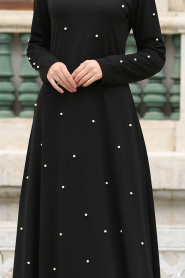Nayla Collection - İnci Detyaylı Siyah Tesettür Elbise 76340S - Thumbnail
