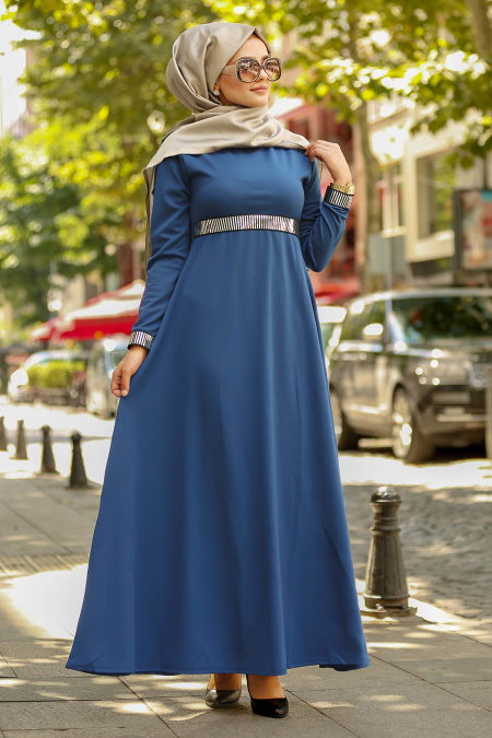 -Nayla Collection - İndigo Blue Hijab Dress 79180IM