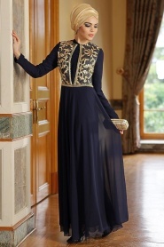 Nayla Collection - İşlemeli Lacivert Elbise 7011L - Thumbnail