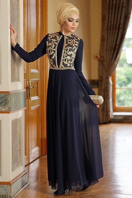 Nayla Collection - İşlemeli Lacivert Elbise 7011L