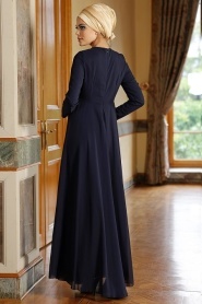 Nayla Collection - İşlemeli Lacivert Elbise 7011L - Thumbnail