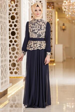 Nayla Collection - İşlemeli Lacivert Tesettür Elbise 7014L - 1