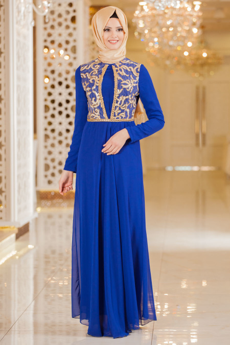 Nayla Collection - İşlemeli Sax Mavi Elbise 7011SX
