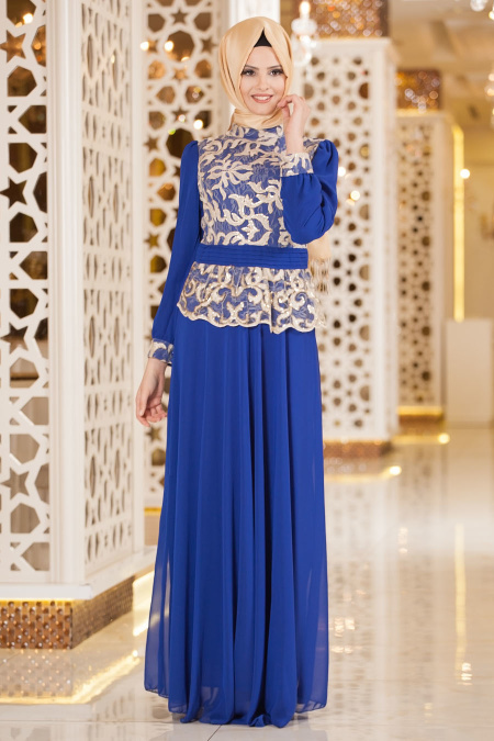 Nayla Collection - İşlemeli Sax Mavi Tesettür Elbise 7014SX