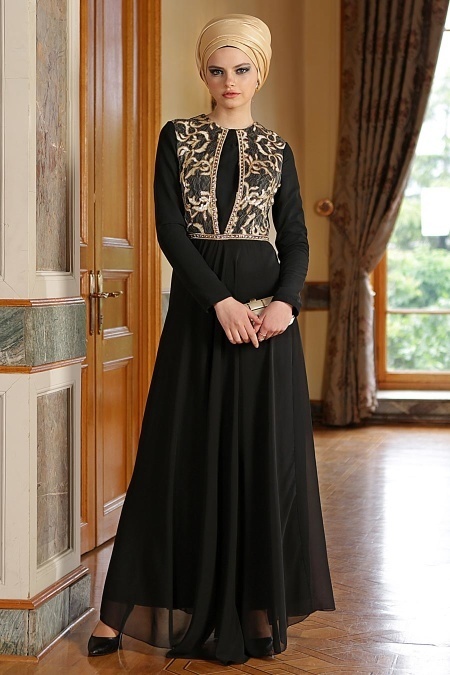 Nayla Collection - İşlemeli Siyah Elbise 7011S