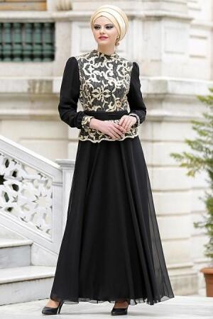 Nayla Collection - İşlemeli Siyah Tesettür Elbise 7014S - 1