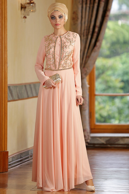 Nayla Collection - İşlemeli Somon Elbise 7011SMN