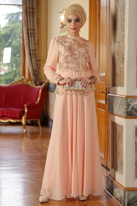 Nayla Collection - İşlemeli Somon Tesettür Elbise 7014SMN