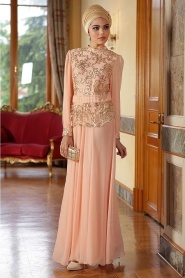 Nayla Collection - İşlemeli Somon Tesettür Elbise 7014SMN - Thumbnail