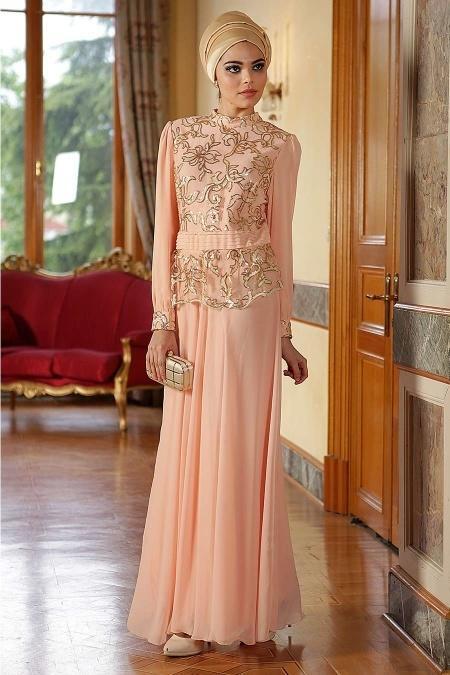 Nayla Collection - İşlemeli Somon Tesettür Elbise 7014SMN - 2