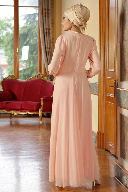 Nayla Collection - İşlemeli Somon Tesettür Elbise 7014SMN - 3