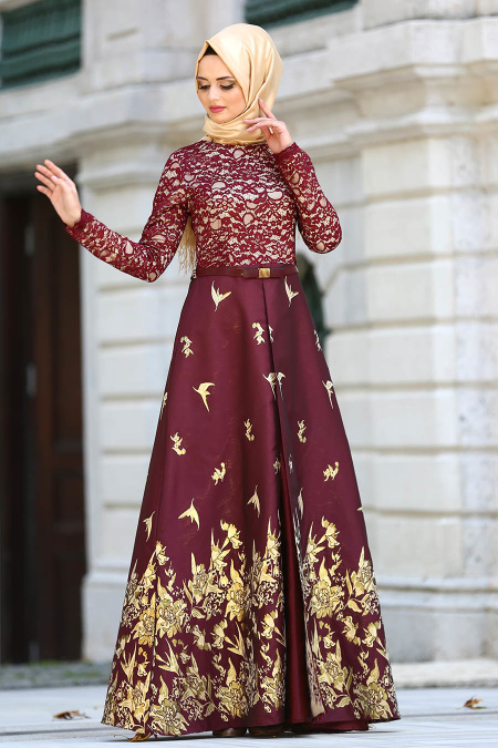 Nayla Collection - Jakarlı Bordo Tesettür Abiye Elbise 82444BR
