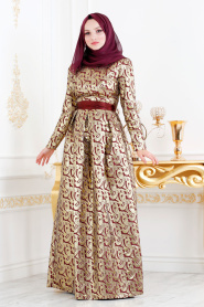 Nayla Collection - Jakarlı Bordo Tesettür Abiye Elbise 82446BR - Thumbnail