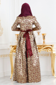 Nayla Collection - Jakarlı Bordo Tesettür Abiye Elbise 82446BR - Thumbnail