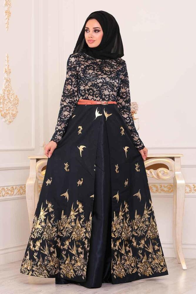 Nayla Collection - Jakarlı Lacivert Tesettür Abiye Elbise 82444L - 1