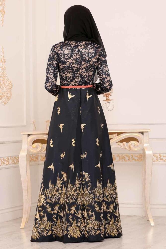 Nayla Collection - Jakarlı Lacivert Tesettür Abiye Elbise 82444L - 2