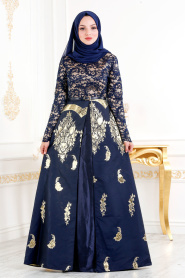 Nayla Collection - Jakarlı Lacivert Tesettür Abiye Elbise 82445L - Thumbnail