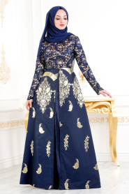 Nayla Collection - Jakarlı Lacivert Tesettür Abiye Elbise 82445L - Thumbnail