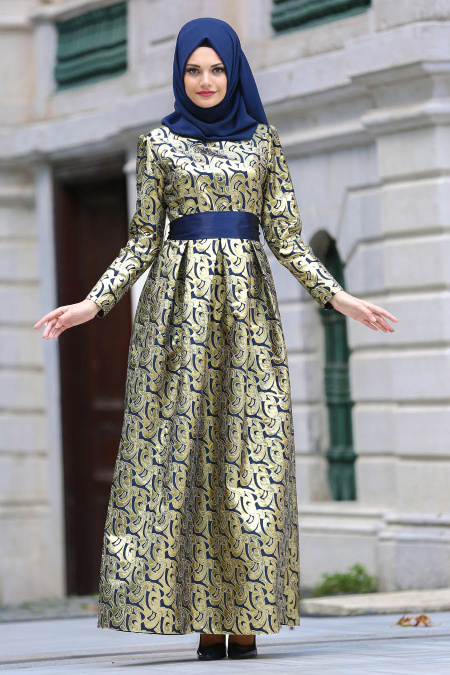 Nayla Collection - Jakarlı Lacivert Tesettür Abiye Elbise 82446L