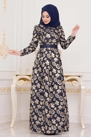 Nayla Collection - Jakarlı Lacivert Tesettür Abiye Elbise 82460L - Thumbnail