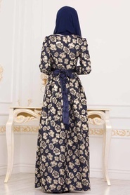 Nayla Collection - Jakarlı Lacivert Tesettür Abiye Elbise 82460L - Thumbnail