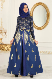 Nayla Collection - Jakarlı Sax Mavisi Tesettür Abiye Elbise 82445SX - Thumbnail
