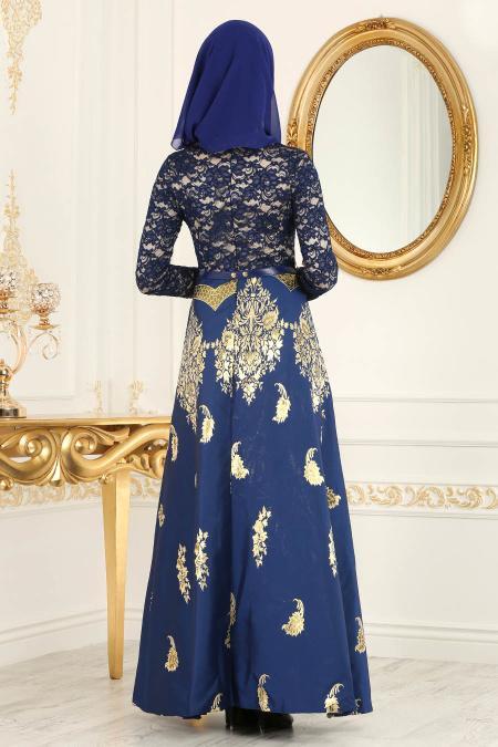 Nayla Collection - Jakarlı Sax Mavisi Tesettür Abiye Elbise 82445SX - 2