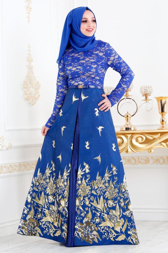 Nayla Collection - Jakarlı Sax Mavisi Tesettür Abiye Elbise 82444SX - 1