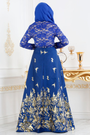 Nayla Collection - Jakarlı Sax Mavisi Tesettür Abiye Elbise 82444SX - Thumbnail