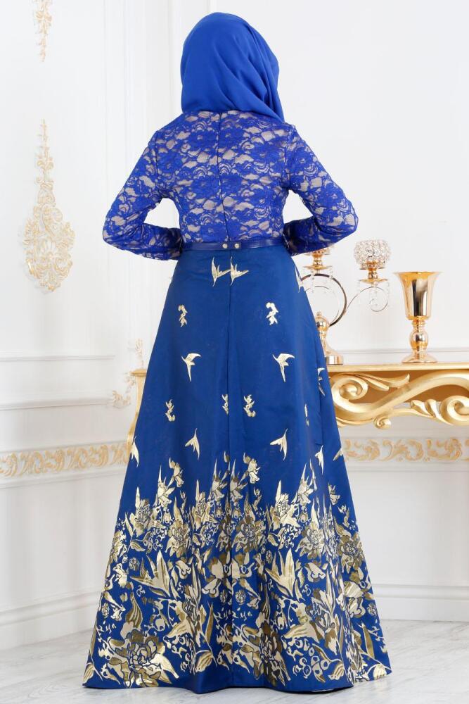 Nayla Collection - Jakarlı Sax Mavisi Tesettür Abiye Elbise 82444SX - 2