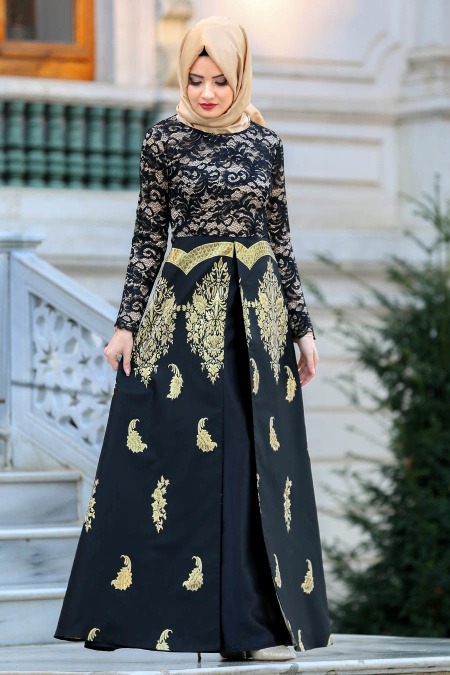 Nayla Collection - Jakarlı Siyah Tesettür Abiye Elbise 82445S
