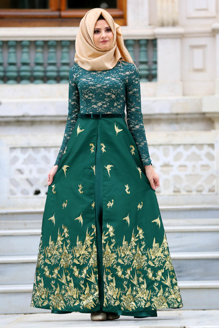 Nayla Collection - Jakarlı Yeşil Tesettür Abiye Elbise 82444Y