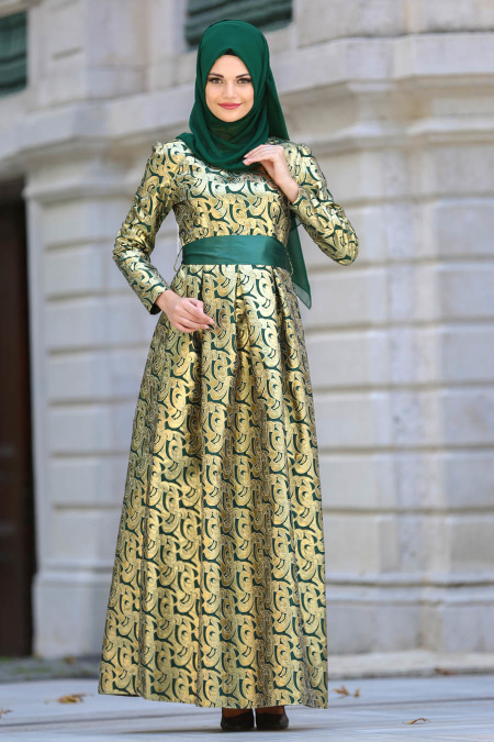 Nayla Collection - Jakarlı Yeşil Tesettür Abiye Elbise 82446Y