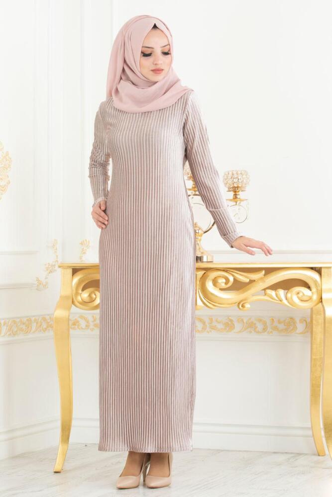 Nayla Collection - Kadife Bej Tesettür Elbise 18552BEJ - 1