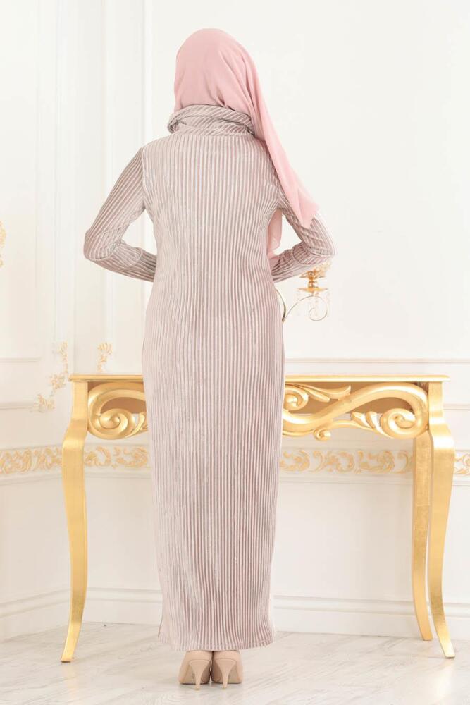 Nayla Collection - Kadife Bej Tesettür Elbise 18552BEJ - 2