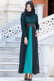 Nayla Collection - Flok Baskılı Çağla Yeşili Tesettür Elbise 4109CY - Thumbnail