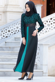 Nayla Collection - Flok Baskılı Çağla Yeşili Tesettür Elbise 4109CY - Thumbnail
