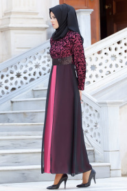 Nayla Collection - Flok Baskılı Pembe Tesettür Elbise 4109P - Thumbnail