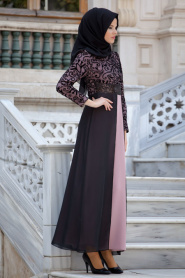 Nayla Collection - Flok Baskılı Pudra Tesettür Elbise 4109PD - Thumbnail